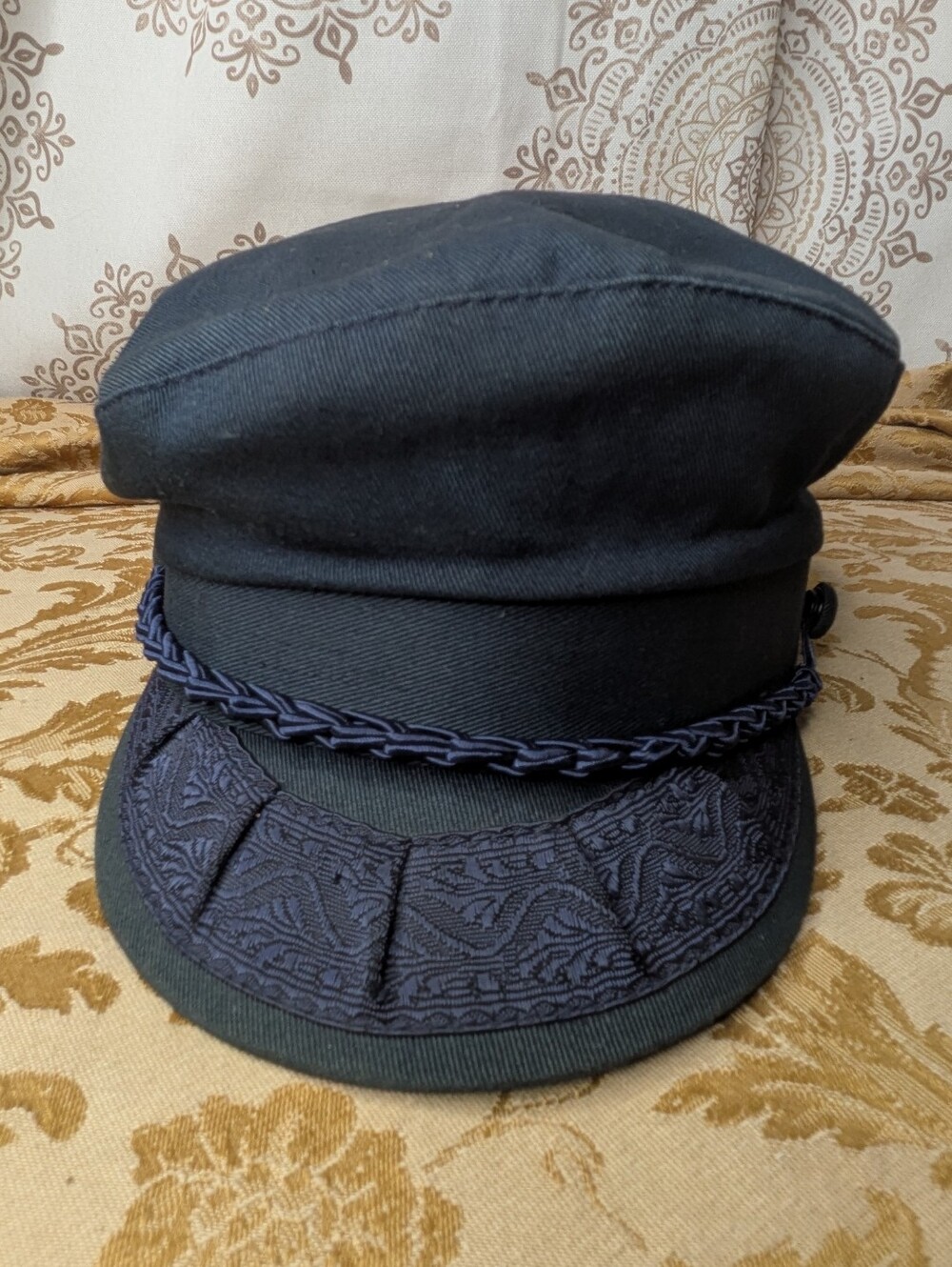 Vtg Authentic Greek Fisherman's Navy Cap Mens 100% Cotton Lined Braided Cord 22"